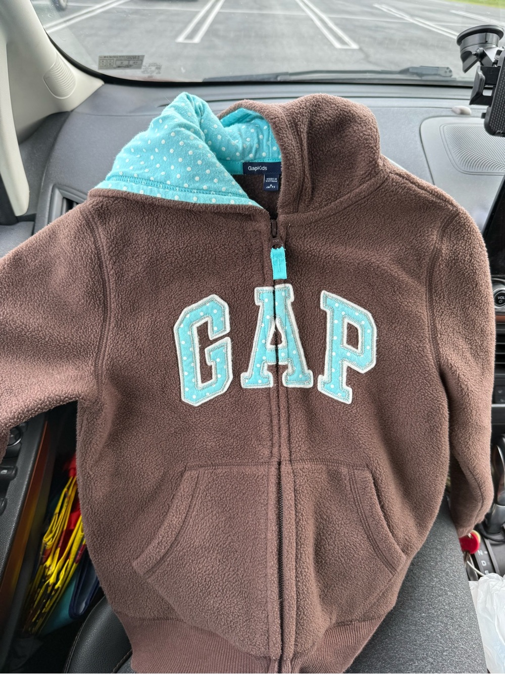 GAP Brown Fleece Hoodie with Aqua Trim and Polka-Dot Lining - Kids